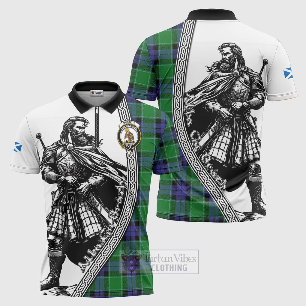 Monteith Tartan Clan Crest Zipper Polo Shirt with Highlander Warrior Celtic Style Unisex - Tartan Vibes Clothing