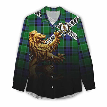 Monteith Crest Tartan Women's Casual Shirt with Golden Lion Emblem Celtic Style Female - Tartan Vibes Clothing