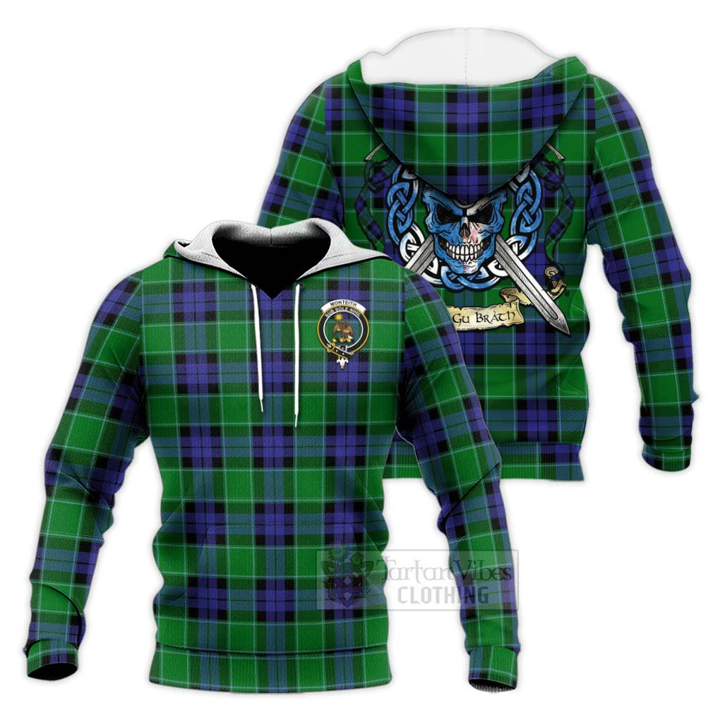 Monteith Tartan Knitted Hoodie with Family Crest Celtic Skull Style Unisex Knitted Pullover Hoodie - Tartan Vibes Clothing