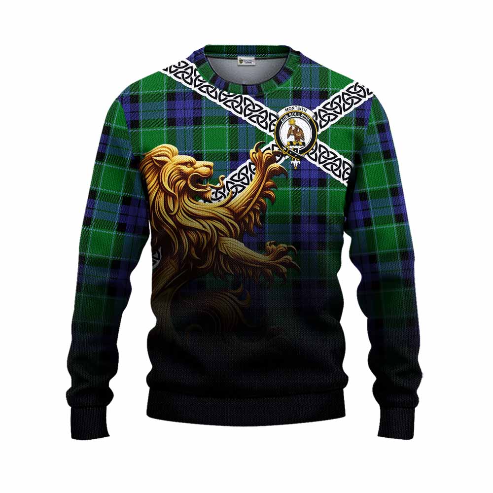 Monteith Crest Tartan Knitted Sweater with Golden Lion Emblem Celtic Style Unisex - Tartan Vibes Clothing