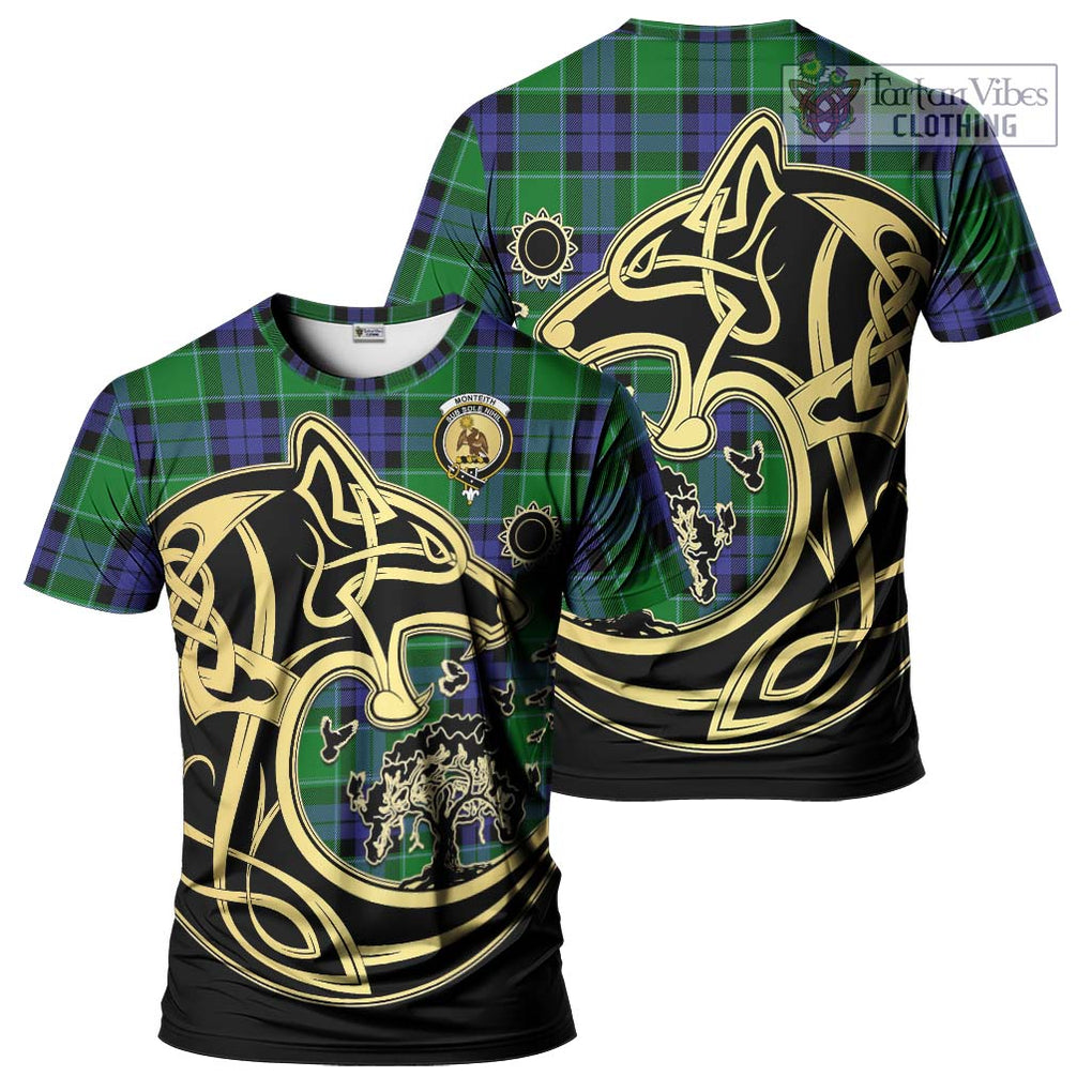 Monteith Tartan T-Shirt with Family Crest Celtic Wolf Style Kid's Shirt - Tartan Vibes Clothing