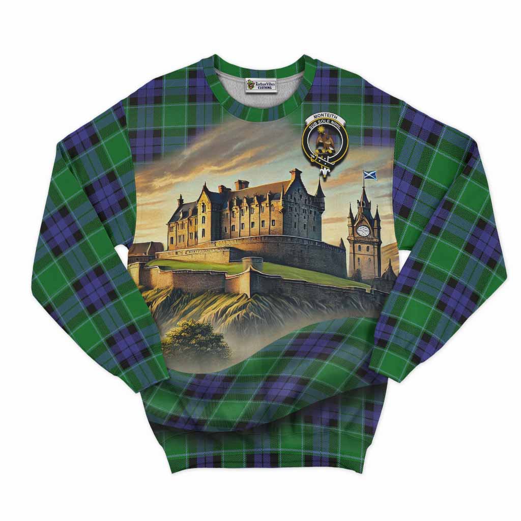 Monteith Tartan Family Crest Sweatshirt with Scottish Ancient Castle Style Unisex - Tartan Vibes Clothing