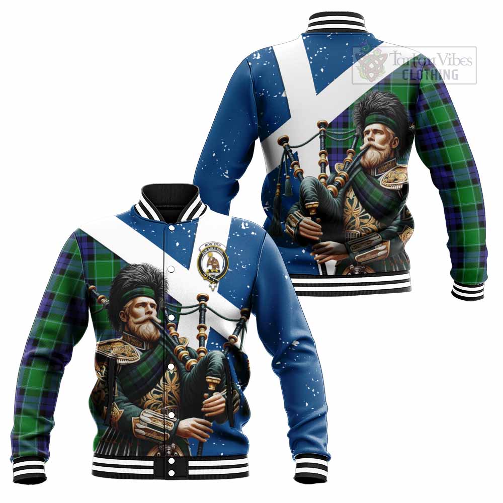 Monteith Tartan Baseball Jacket with Family Crest Scottish Bagpiper Vibes Unisex - Tartan Vibes Clothing