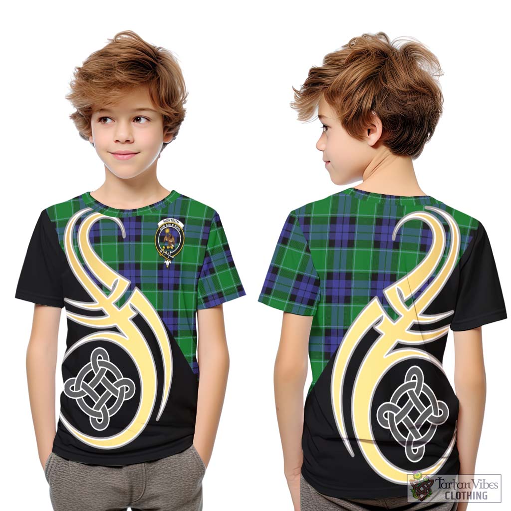 Monteith Tartan Kid T-Shirt with Family Crest and Celtic Symbol Style Youth XL Size14 - Tartan Vibes Clothing