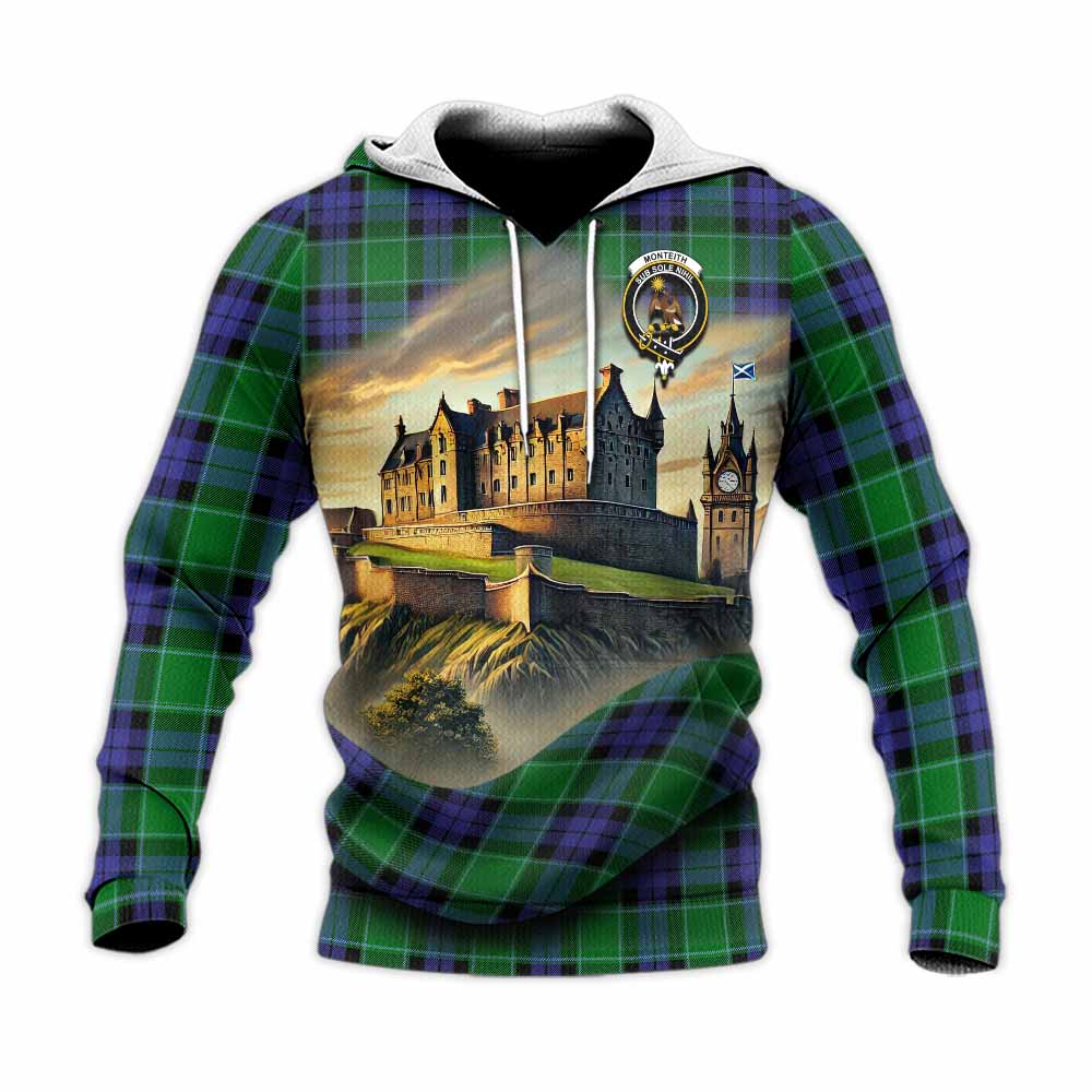 Monteith Tartan Family Crest Knitted Hoodie with Scottish Ancient Castle Style Unisex Knitted Pullover Hoodie - Tartan Vibes Clothing