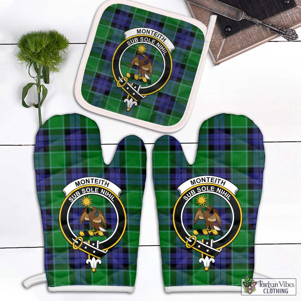Monteith Tartan Combo Oven Mitt & Pot-Holder with Family Crest Combo 2 Oven Mitt & 1 Pot-Holder Black - Tartan Vibes Clothing