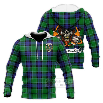 Monteith Tartan Knitted Hoodie with Family Crest and Bearded Skull Holding Bottles of Whiskey Unisex Knitted Pullover Hoodie - Tartan Vibes Clothing