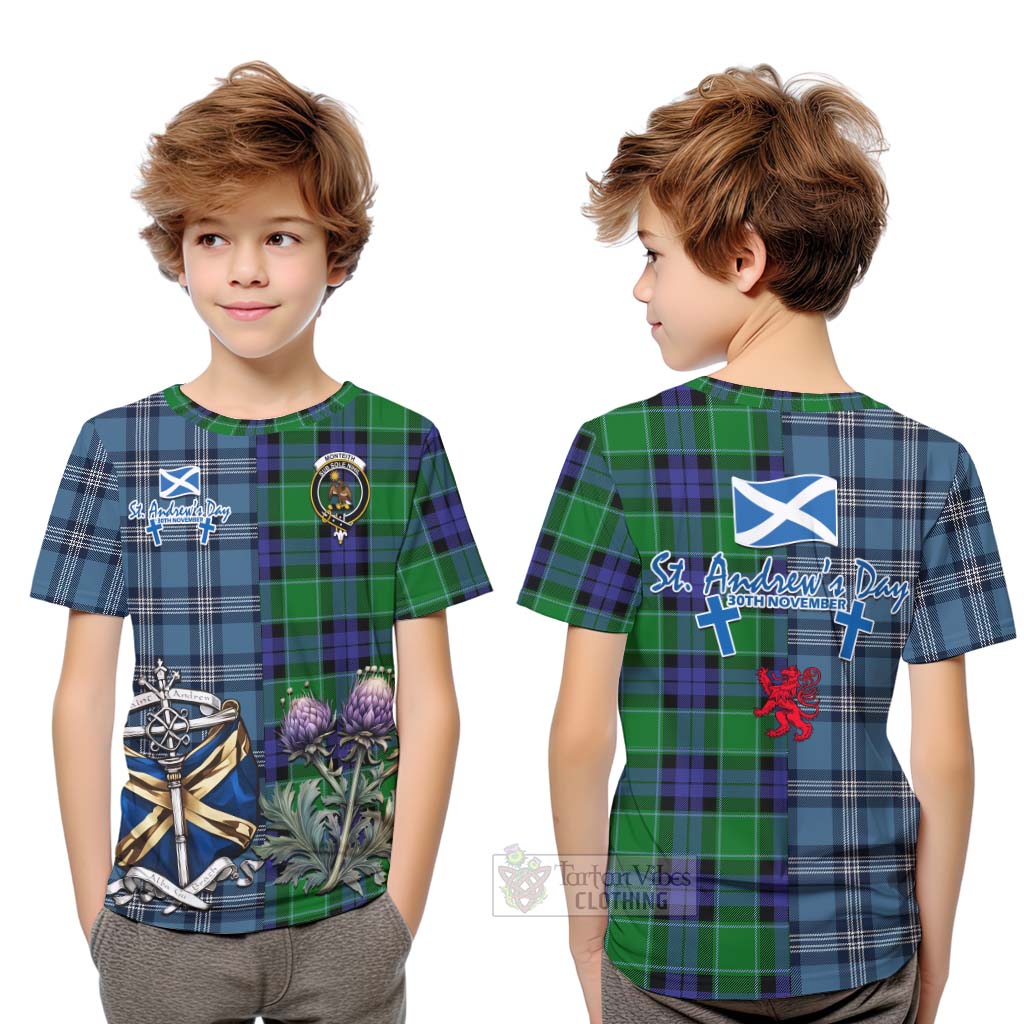 Monteith Tartan Kid T-Shirt Happy St. Andrew's Day Half Tartan Style Youth XL Size14 - Tartan Vibes Clothing