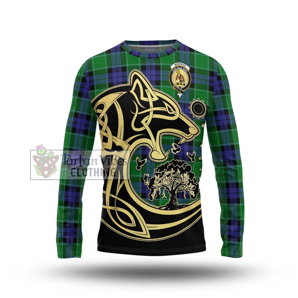 Monteith Tartan Long Sleeve T-Shirt with Family Crest Celtic Wolf Style Unisex - Tartan Vibes Clothing