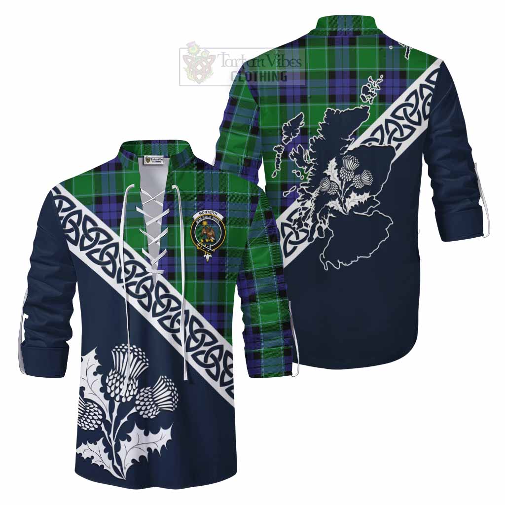 Monteith Tartan Ghillie Kilt Shirt Featuring Thistle and Scotland Map Men - Tartan Vibes Clothing