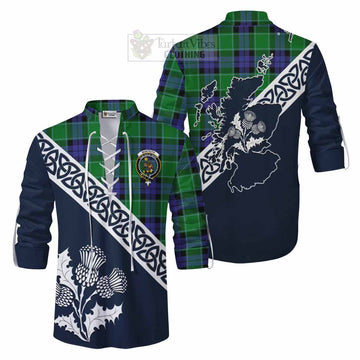 Monteith Tartan Ghillie Kilt Shirt Featuring Thistle and Scotland Map Men - Tartan Vibes Clothing