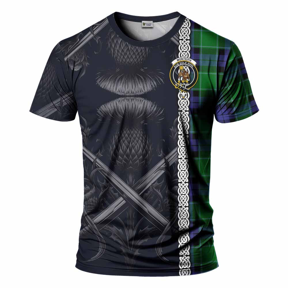 Monteith Tartan T-Shirt with Family Crest Cross Sword Thistle Celtic Vibes Kid's Shirt - Tartan Vibes Clothing