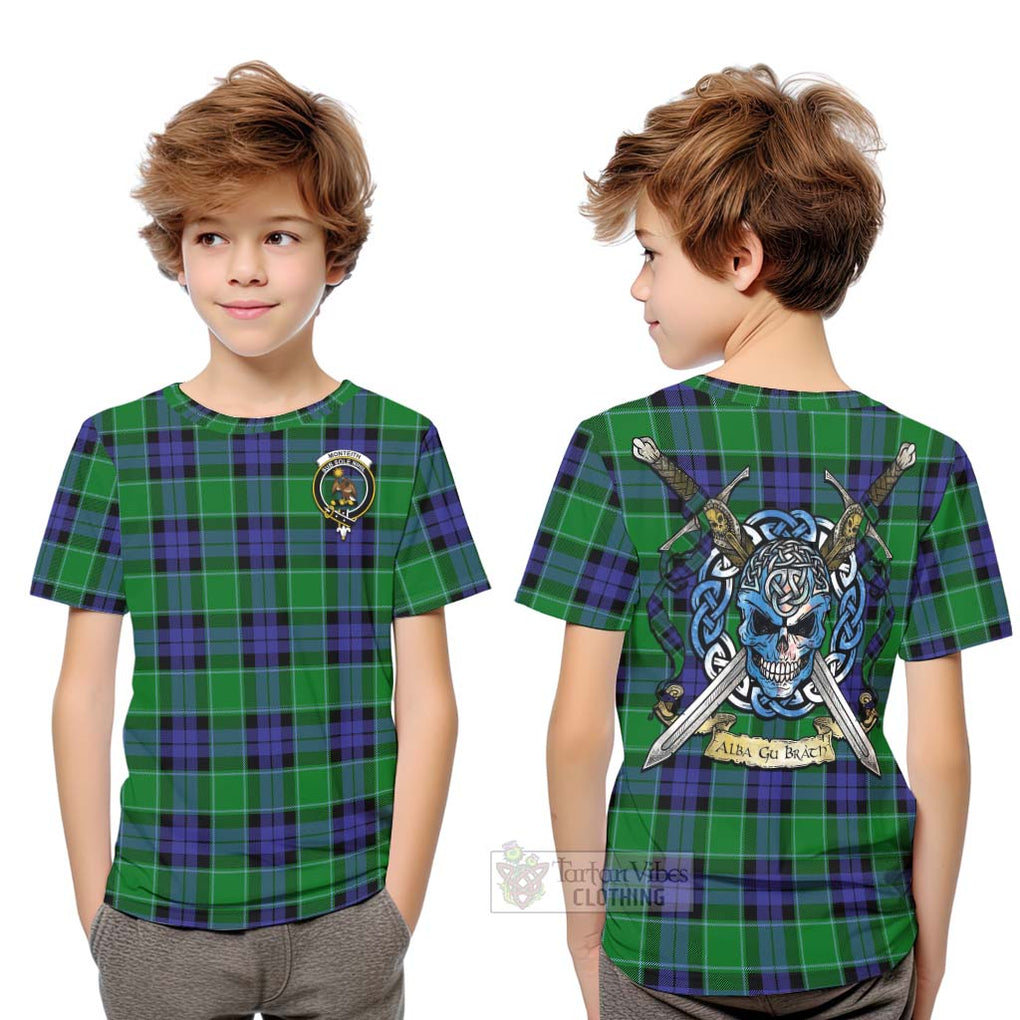 Monteith Tartan Kid T-Shirt with Family Crest Celtic Skull Style Youth XL Size14 - Tartan Vibes Clothing