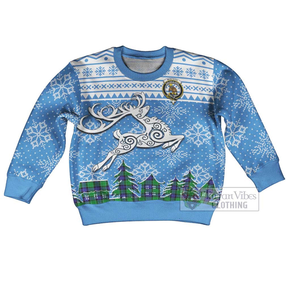 Monteith Clan Christmas Kid Ugly Sweater with Tartan and Celtic Reindeer Style Kid - Tartan Vibes Clothing