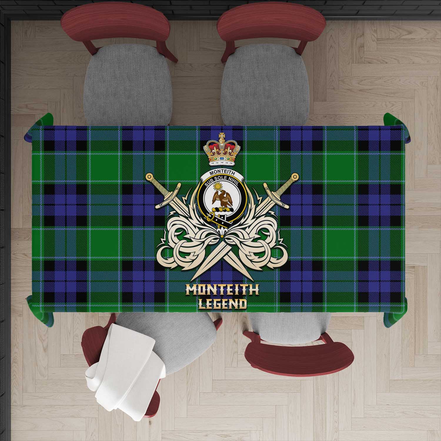 Tartan Vibes Clothing Monteith Tartan Tablecloth with Clan Crest and the Golden Sword of Courageous Legacy