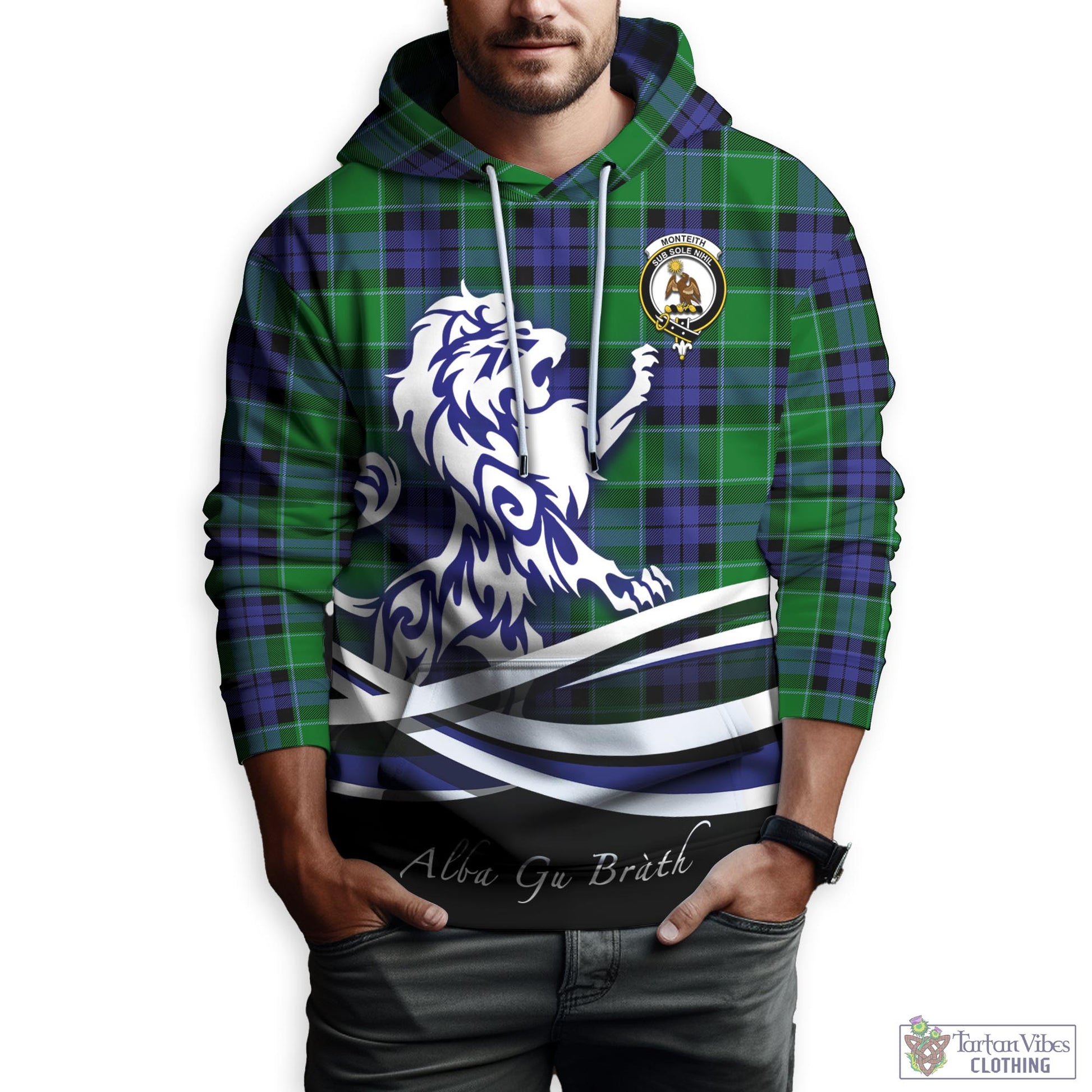 Monteith Tartan Hoodie with Alba Gu Brath Regal Lion Emblem Zip Hoodie - Tartan Vibes Clothing