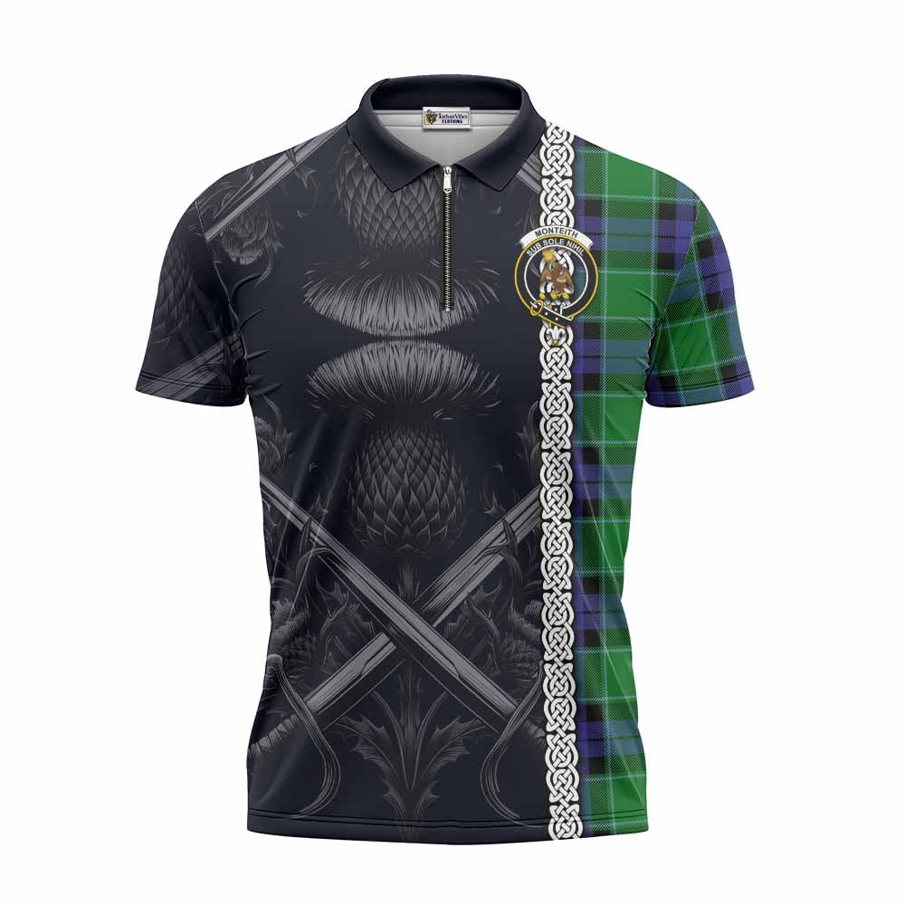 Monteith Tartan Zipper Polo Shirt with Family Crest Cross Sword Thistle Celtic Vibes Unisex - Tartan Vibes Clothing