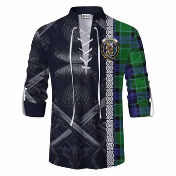 Monteith Tartan Ghillie Kilt Shirt with Family Crest Cross Sword Thistle Celtic Vibes Men - Tartan Vibes Clothing