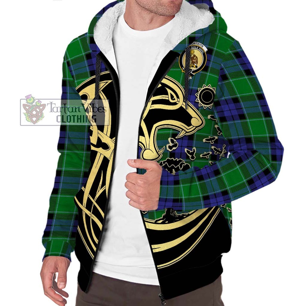 Monteith Tartan Sherpa Hoodie with Family Crest Celtic Wolf Style Unisex S - Tartan Vibes Clothing
