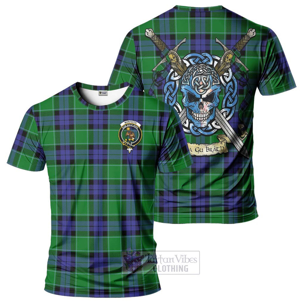 Monteith Tartan T-Shirt with Family Crest Celtic Skull Style Kid's Shirt - Tartan Vibes Clothing