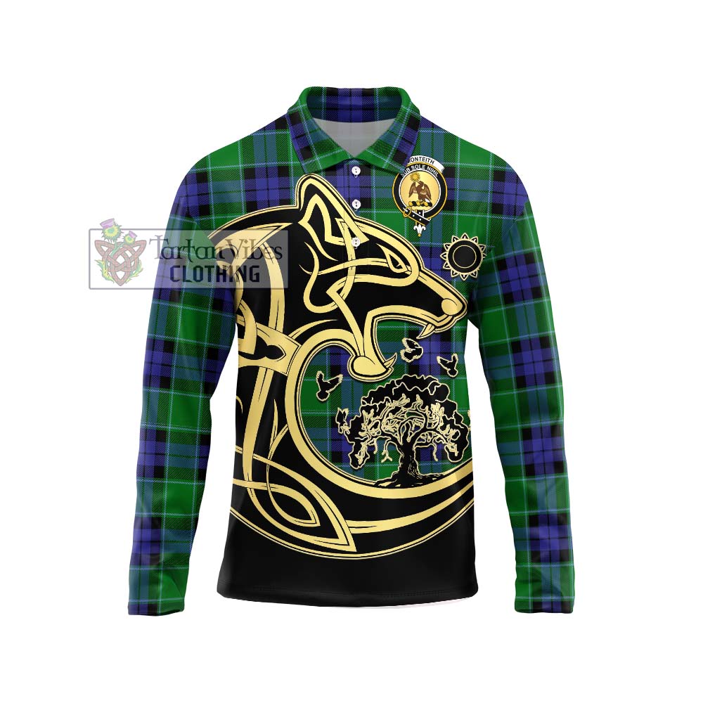 Monteith Tartan Long Sleeve Polo Shirt with Family Crest Celtic Wolf Style Unisex - Tartan Vibes Clothing