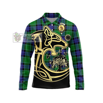 Monteith Tartan Long Sleeve Polo Shirt with Family Crest Celtic Wolf Style Unisex - Tartan Vibes Clothing
