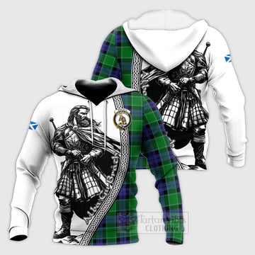 Monteith Tartan Clan Crest Knitted Hoodie with Highlander Warrior Celtic Style Unisex Knitted Pullover Hoodie - Tartan Vibes Clothing