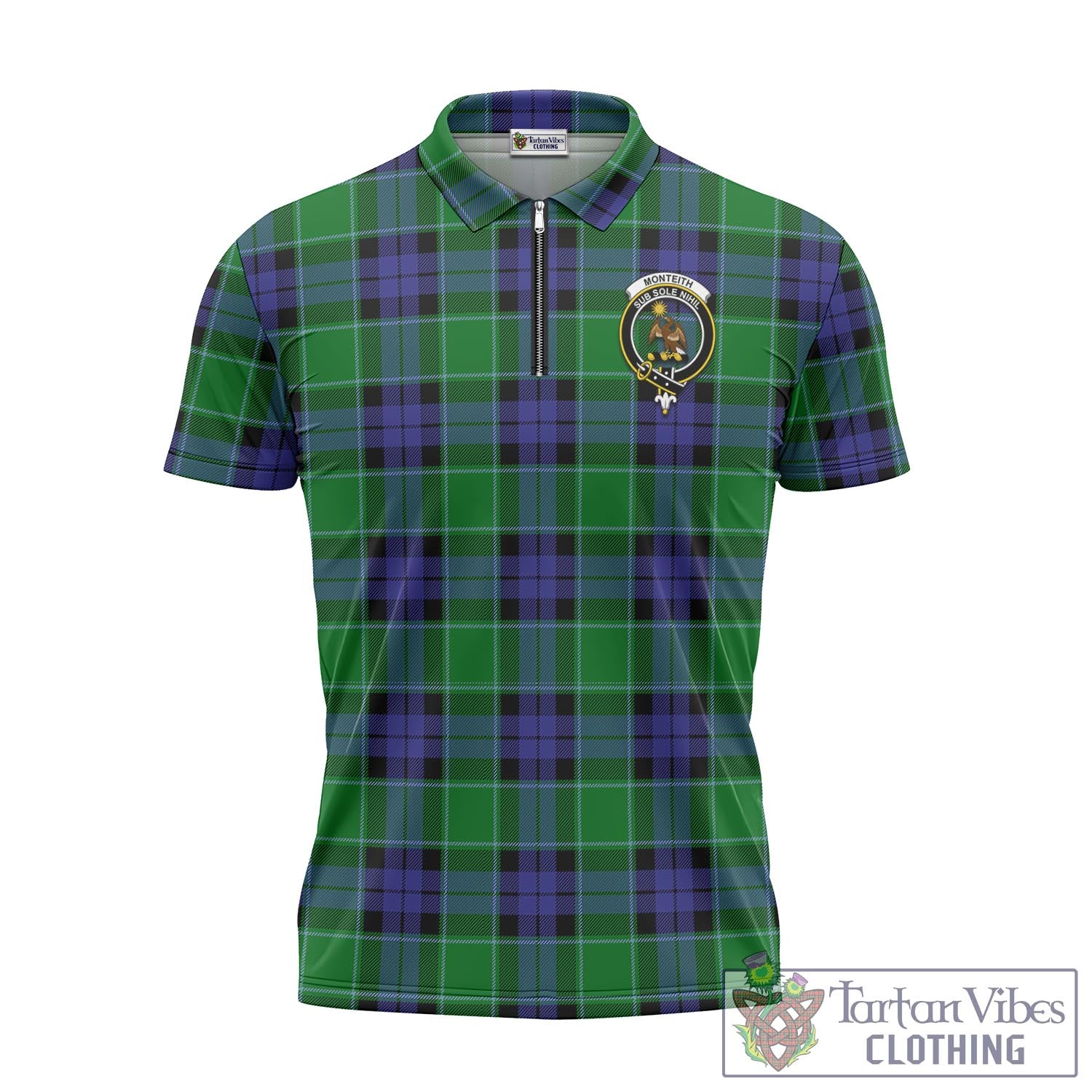 Monteith Tartan Zipper Polo Shirt with Family Crest Unisex - Tartan Vibes Clothing