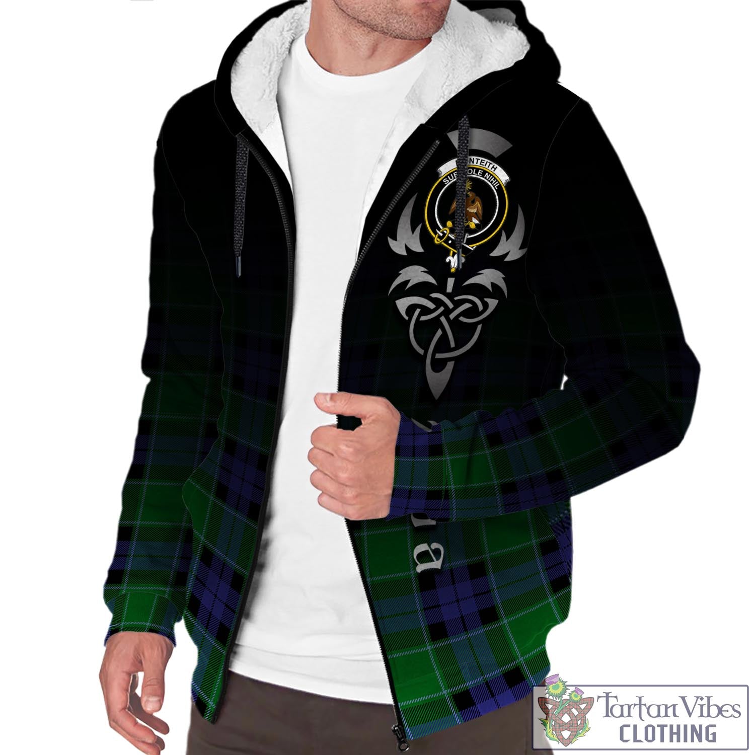 Monteith Tartan Sherpa Hoodie Featuring Alba Gu Brath Family Crest Celtic Inspired Unisex - Tartan Vibes Clothing