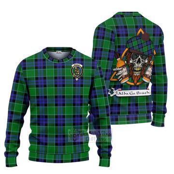 Monteith Tartan Ugly Sweater with Family Crest and Bearded Skull Holding Bottles of Whiskey Unisex - Tartan Vibes Clothing
