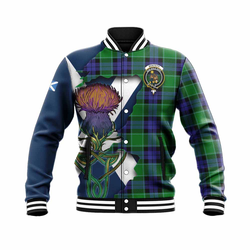 Tartan Vibes Clothing Monteith Tartan Family Crest Baseball Jacket Scottish Thistle Celtic Inspired
