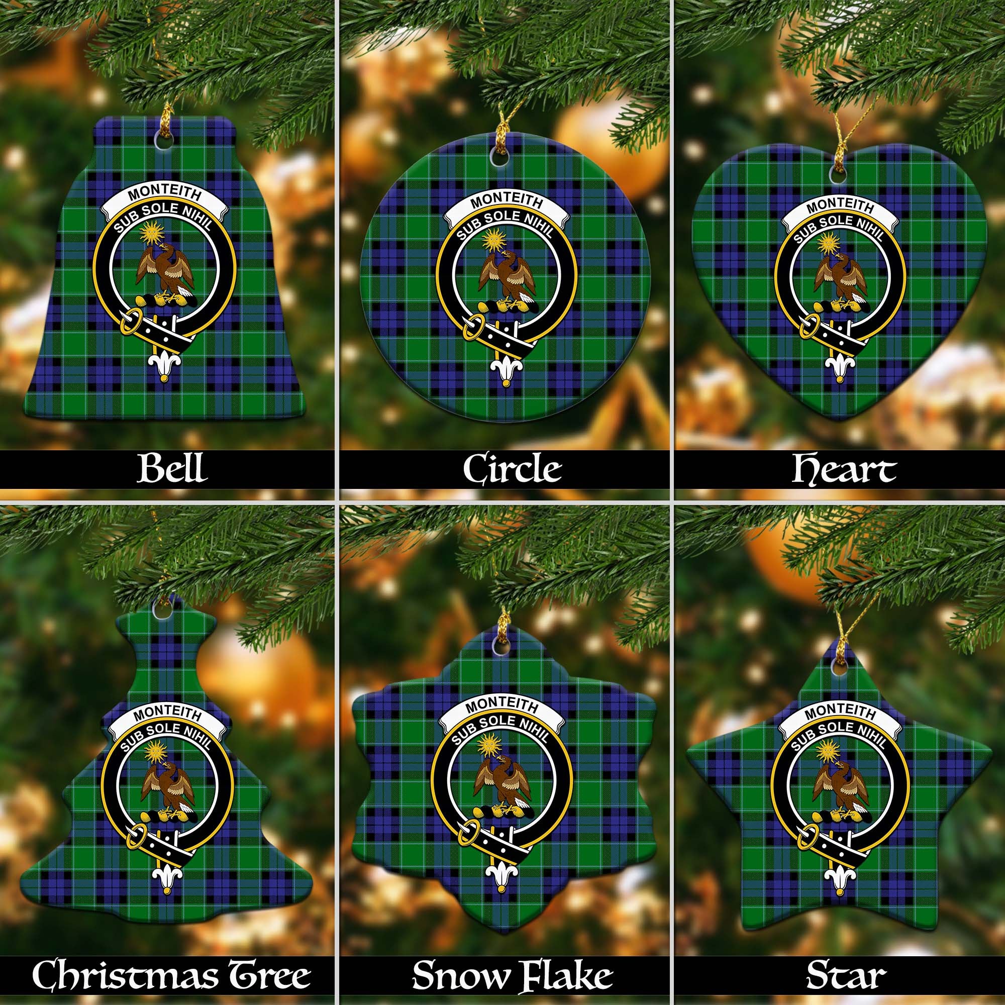 Monteith Tartan Christmas Ceramic Ornaments with Family Crest