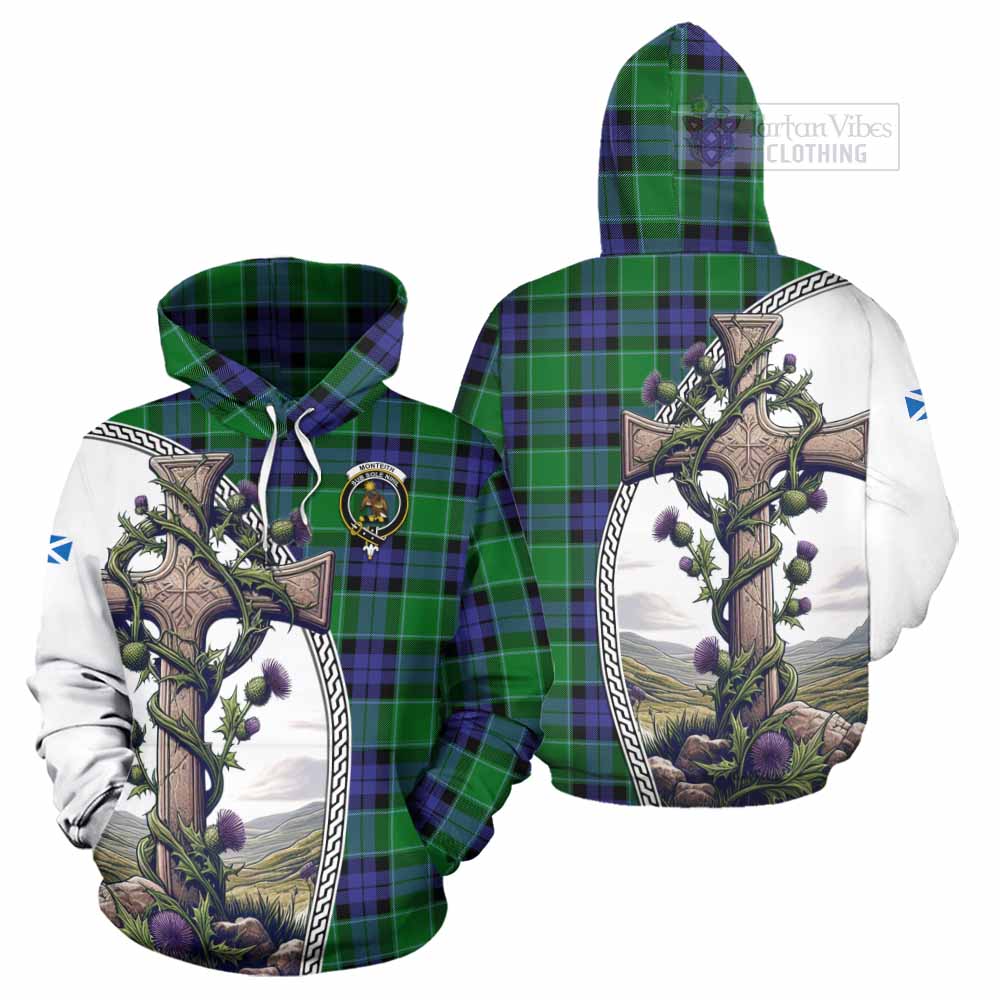 Monteith Tartan Hoodie with Family Crest and St. Andrew's Cross Accented by Thistle Vines Zip Hoodie - Tartan Vibes Clothing