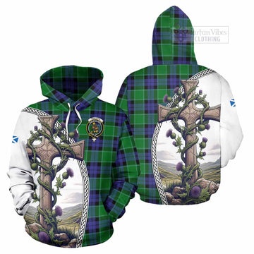 Monteith Tartan Hoodie with Family Crest and St. Andrew's Cross Accented by Thistle Vines Zip Hoodie - Tartan Vibes Clothing