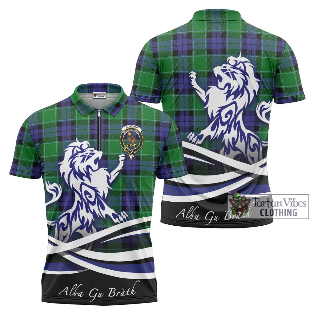 Monteith Tartan Zipper Polo Shirt with Alba Gu Brath Regal Lion Emblem Unisex - Tartan Vibes Clothing