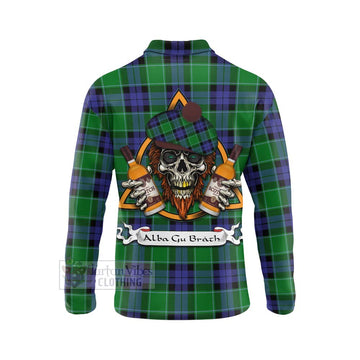 Monteith Tartan Long Sleeve Polo Shirt with Family Crest and Bearded Skull Holding Bottles of Whiskey - Tartan Vibes Clothing