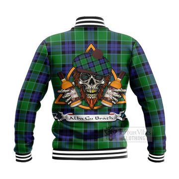 Monteith Tartan Baseball Jacket with Family Crest and Bearded Skull Holding Bottles of Whiskey - Tartan Vibes Clothing