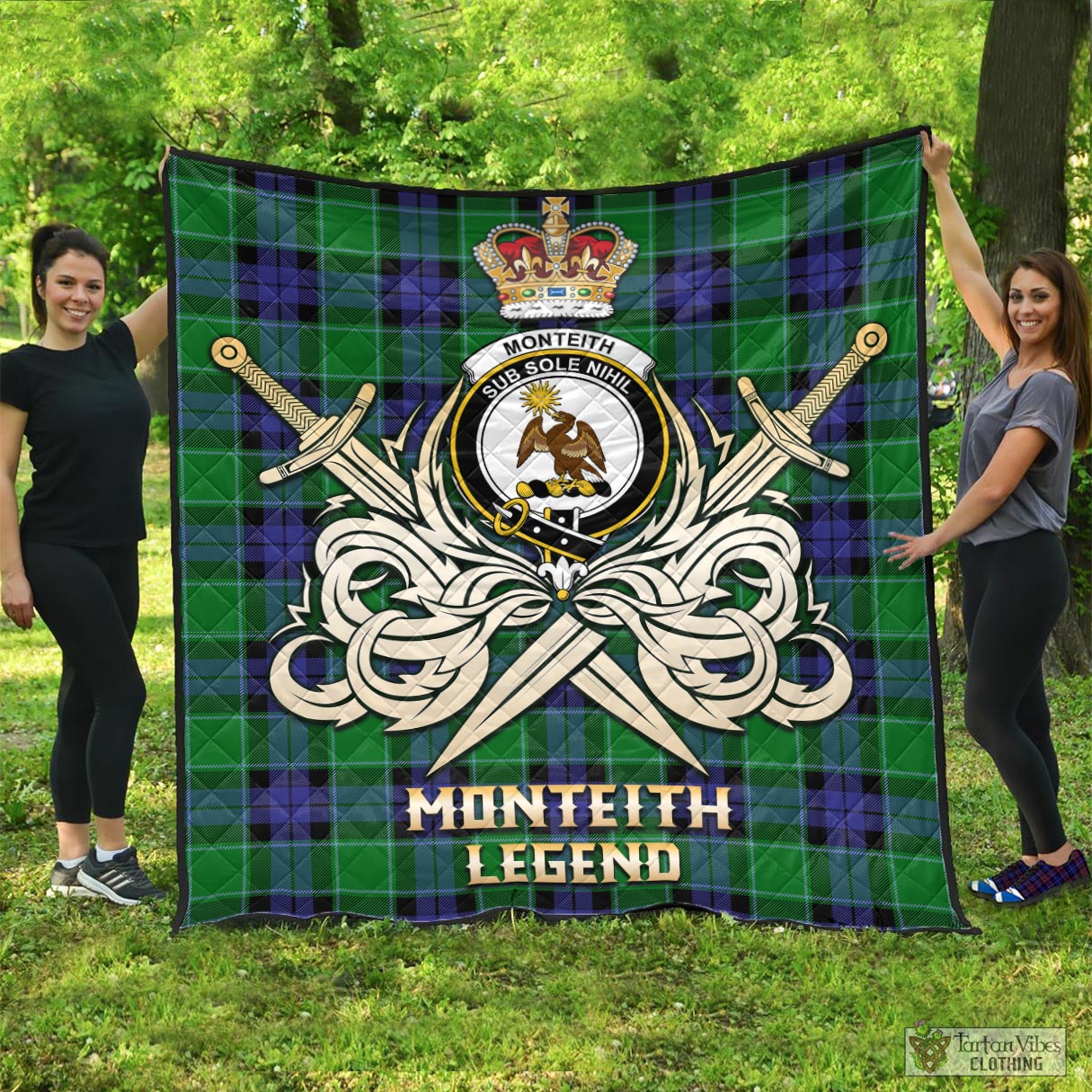 Monteith Tartan Quilt with Clan Crest and the Golden Sword of Courageous Legacy - Tartan Vibes Clothing