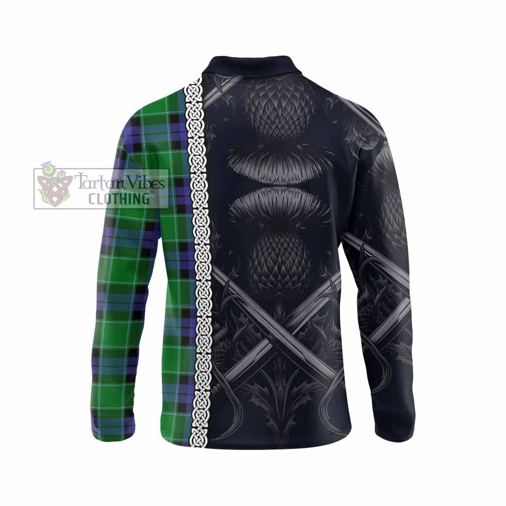 Monteith Tartan Long Sleeve Polo Shirt with Family Crest Cross Sword Thistle Celtic Vibes - Tartan Vibes Clothing