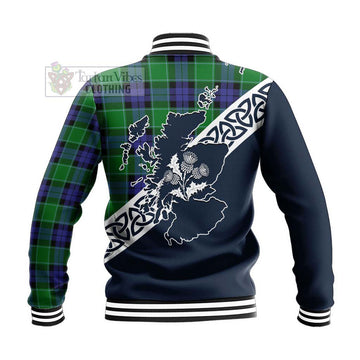 Monteith Tartan Baseball Jacket Featuring Thistle and Scotland Map - Tartan Vibes Clothing