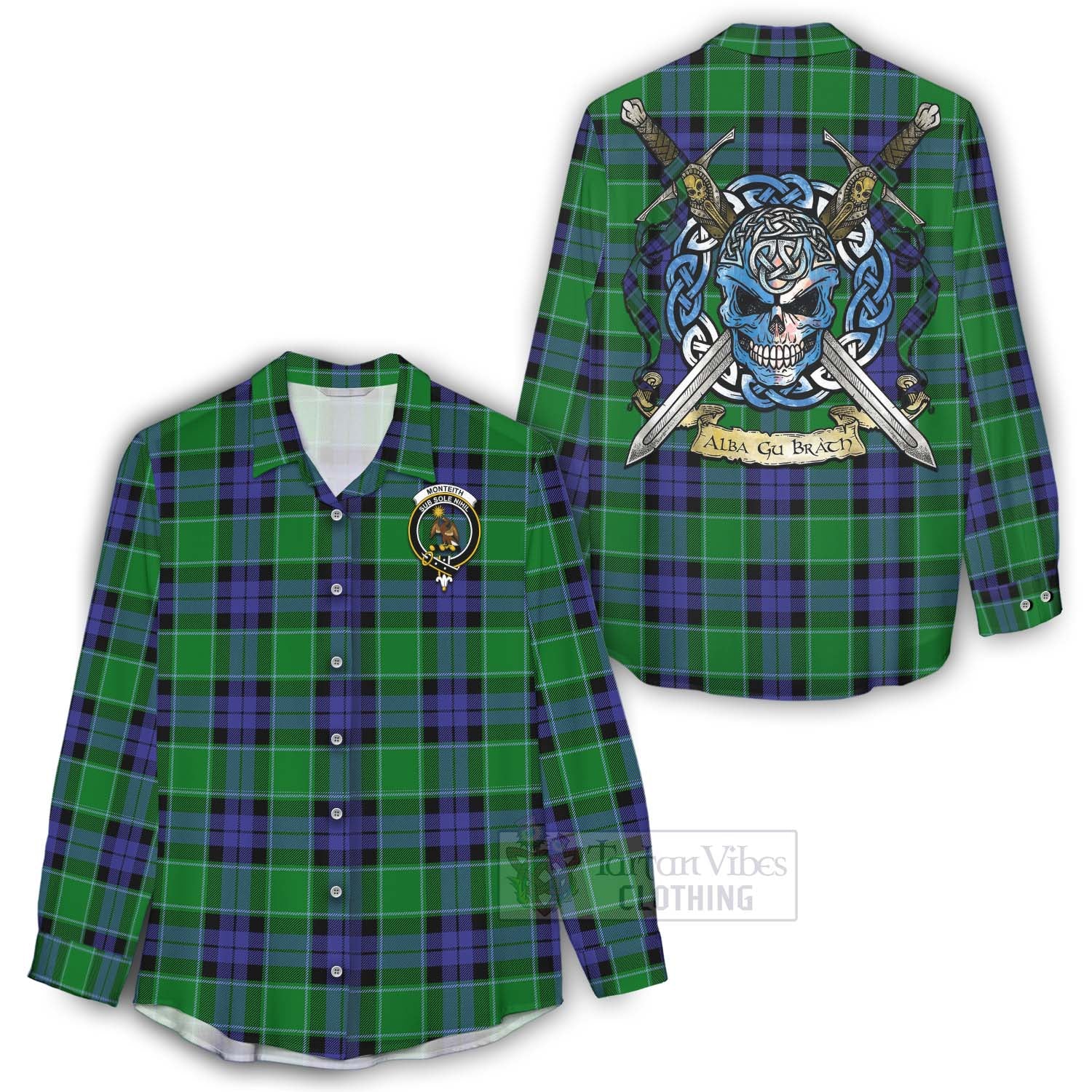 Monteith Tartan Women's Casual Shirt with Family Crest Celtic Skull Style - Tartan Vibes Clothing