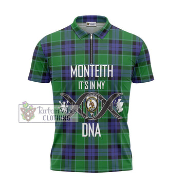 Monteith Tartan Zipper Polo Shirt with Family Crest DNA In Me Style - Tartan Vibes Clothing