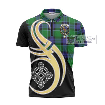 Monteith Tartan Zipper Polo Shirt with Family Crest and Celtic Symbol Style - Tartan Vibes Clothing