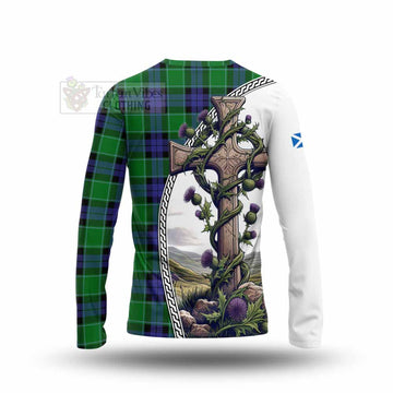 Monteith Tartan Long Sleeve T-Shirt with Family Crest and St. Andrew's Cross Accented by Thistle Vines