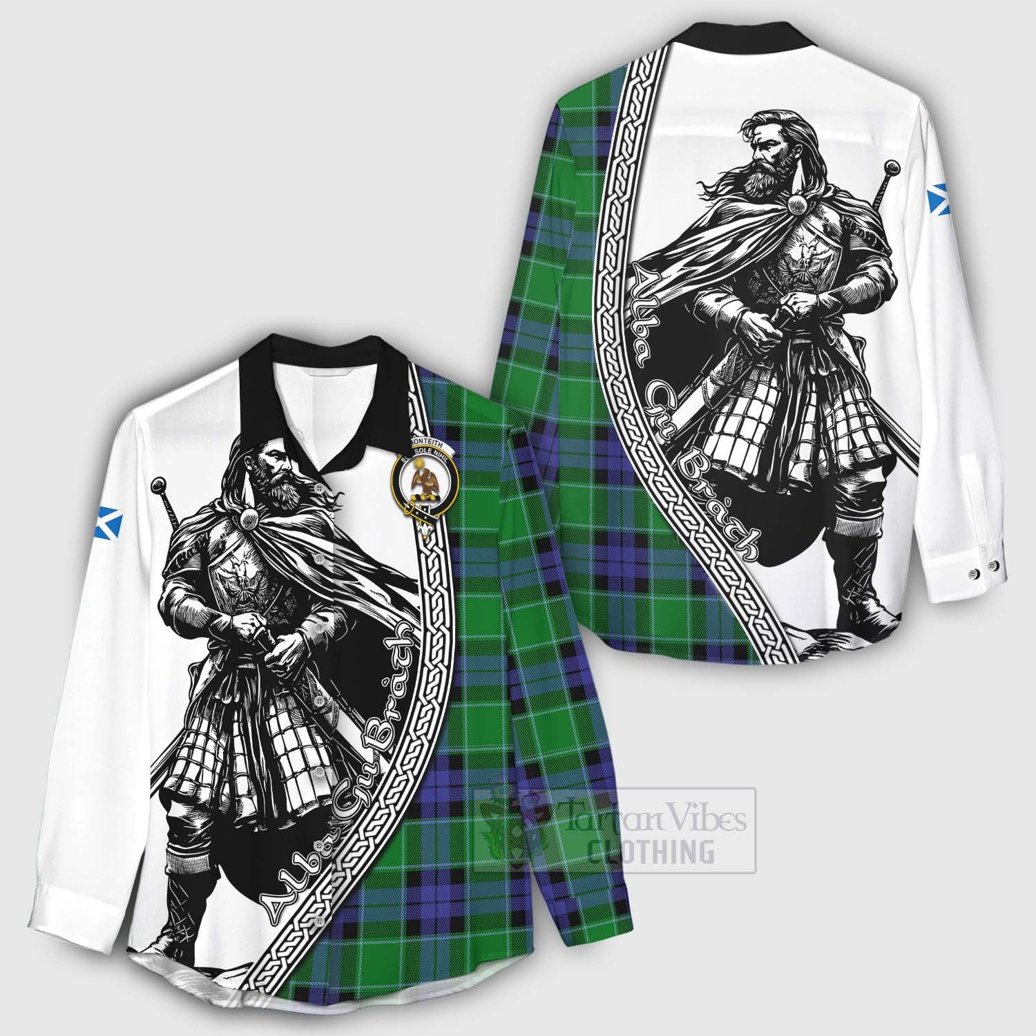 Monteith Tartan Clan Crest Women's Casual Shirt with Highlander Warrior Celtic Style - Tartan Vibes Clothing