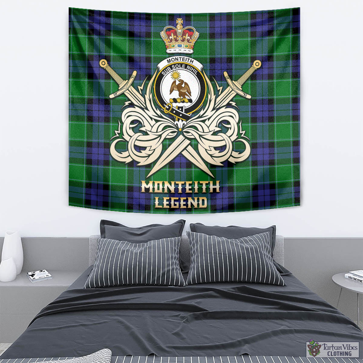 Monteith Tartan Tapestry with Clan Crest and the Golden Sword of Courageous Legacy - Tartan Vibes Clothing