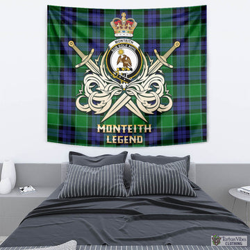 Monteith Tartan Tapestry with Clan Crest and the Golden Sword of Courageous Legacy - Tartan Vibes Clothing