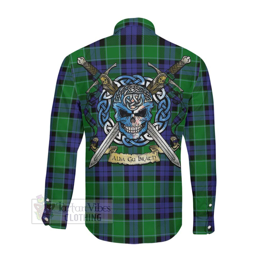 Monteith Tartan Long Sleeve Button Shirt with Family Crest Celtic Skull Style Men's Shirt - Tartan Vibes Clothing