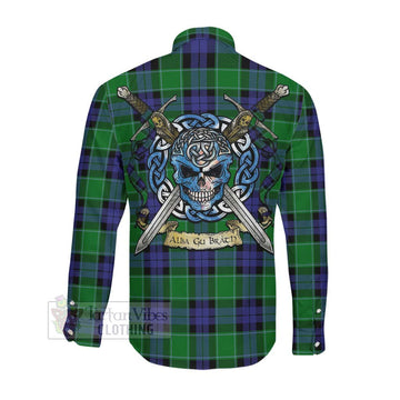 Monteith Tartan Long Sleeve Button Shirt with Family Crest Celtic Skull Style Men's Shirt - Tartan Vibes Clothing