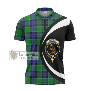 Monteith Tartan Zipper Polo Shirt with Family Crest Circle Style - Tartan Vibes Clothing